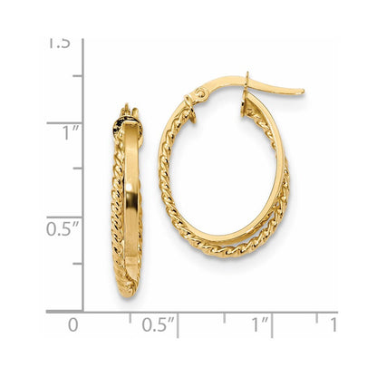 14k Yellow Gold Polished & Textured Oval Hinged Hoop Earrings Gift for Women