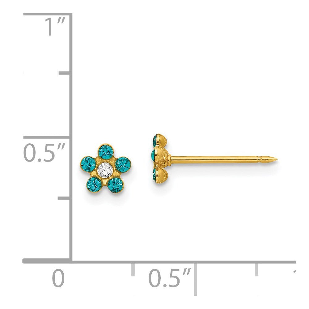 14k Yellow Gold December Blue Crystal Birthstone Flower Stud Earrings