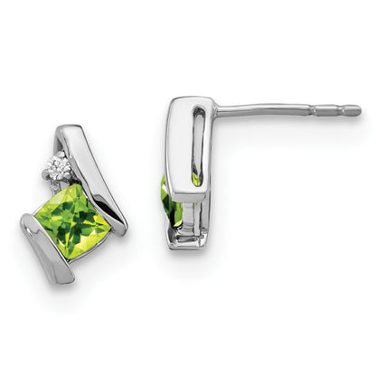 14K White Gold Cushion Peridot and Diamond Stud Earrings Gift for Women