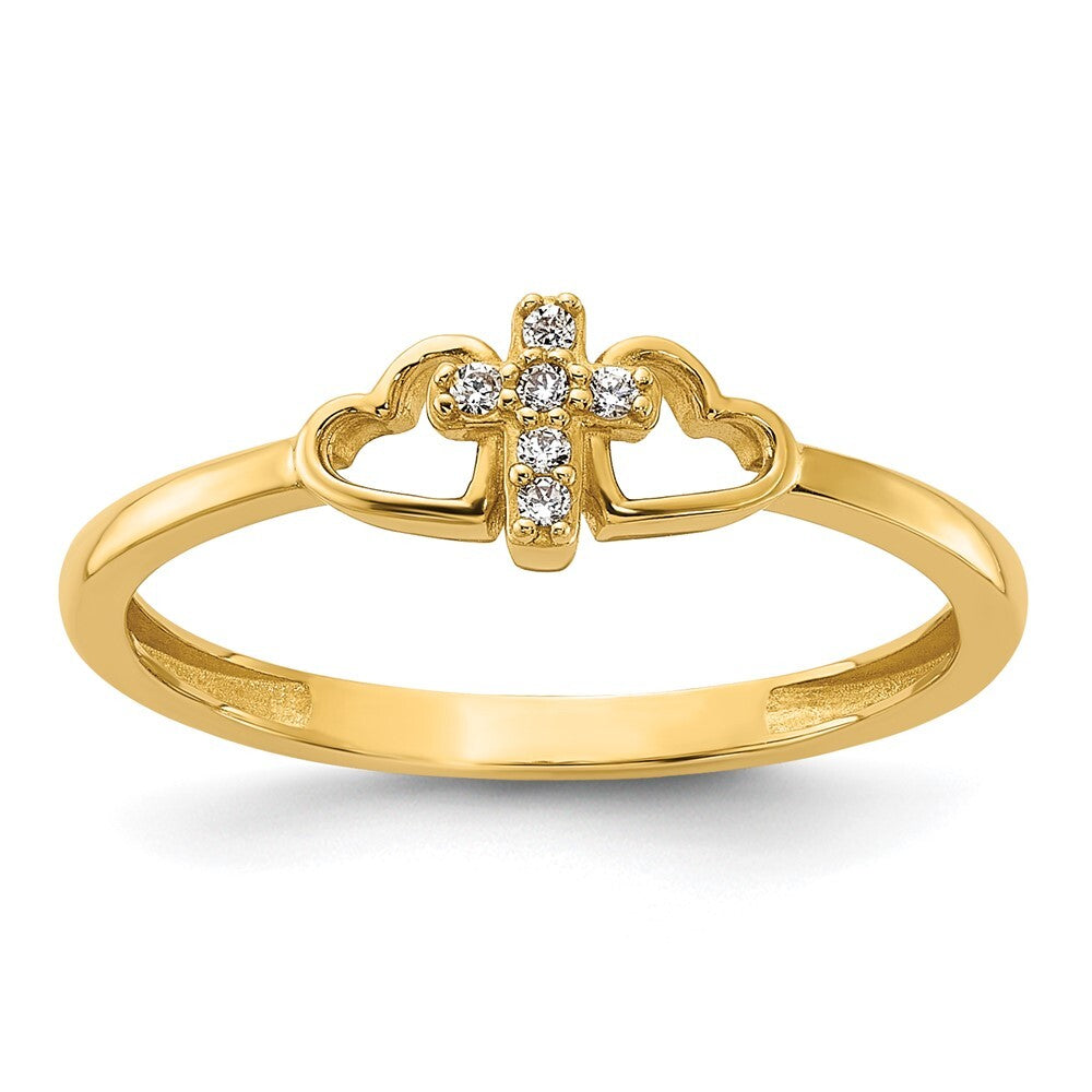 14K Yellow Gold Polished CZ Cross and Hearts Ring Size 8