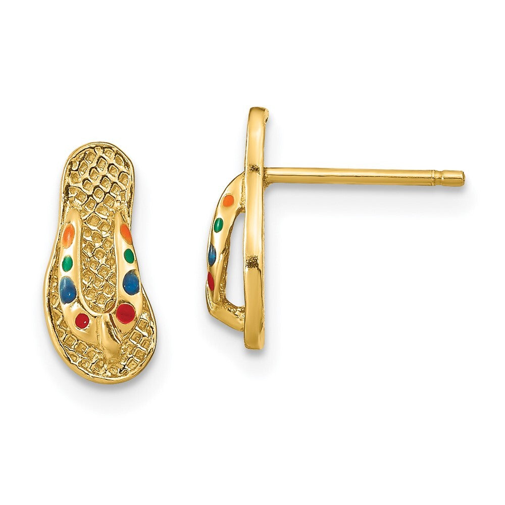 14k Yellow Gold 3D Multi-Color Enamel Flip-Flop Stud Earrings Gift for Women