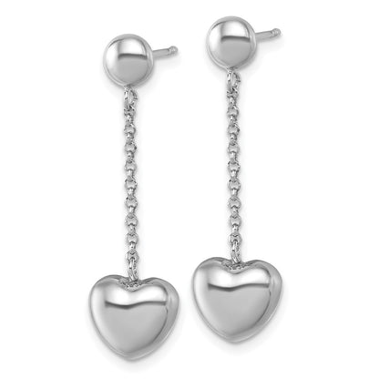 Sterling Silver Rhodium-plated Polished Puffed Heart Dangle Earrings