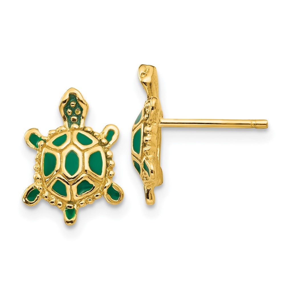 14k Yellow Gold Green Enameled Turtle Post Earrings