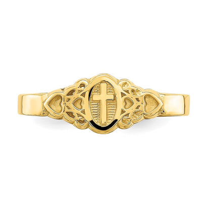 14K Yellow Gold Cross Inside Oval W/Scroll and Heart Ring Size 7