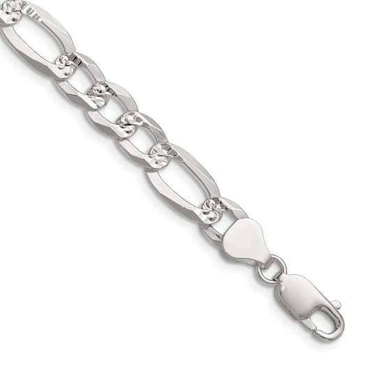 Sterling Silver 8.0mm Flat Diamond-Cut Pave Figaro Chain Necklace
