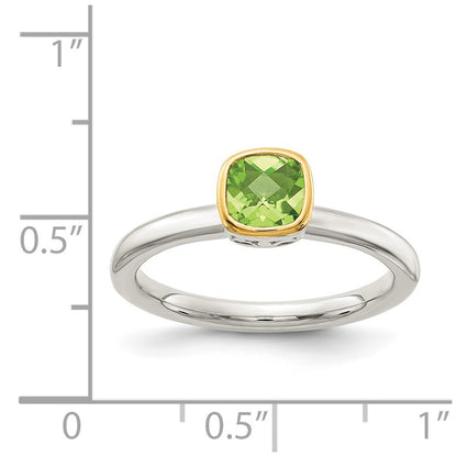 Sterling Silver Rhodium-plated with 14K Accent Polished Cushion-cut Peridot Ring