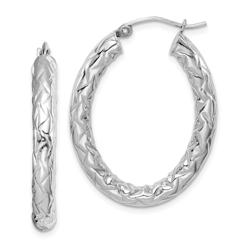 Sterling Silver RH-plated Diamond-cut Textured 4mm Oval Hoop Earrings