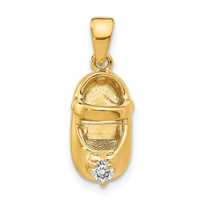 14k Yellow Gold 3-D April/Clear Synthetic Stone Engravable Baby Shoe Charm