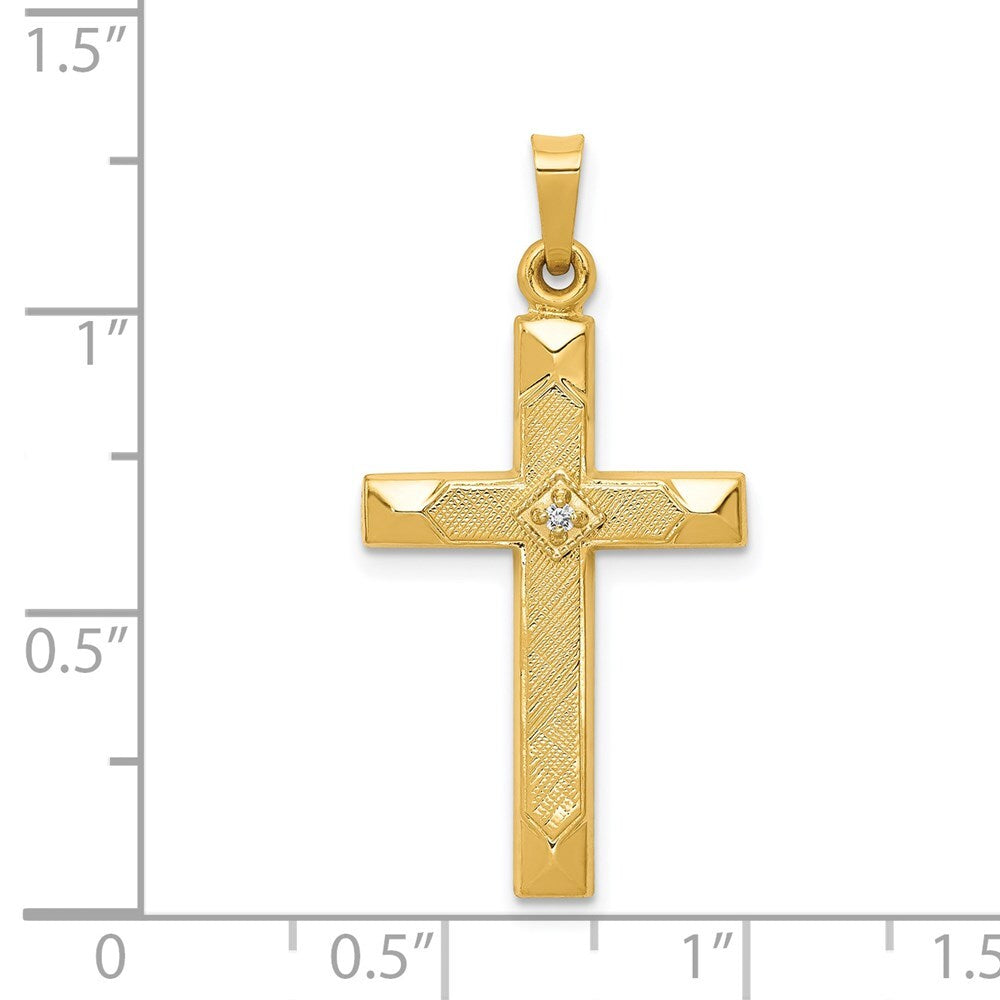14k Yellow Gold Textured and Polished Diamond Cross Pendant for Women