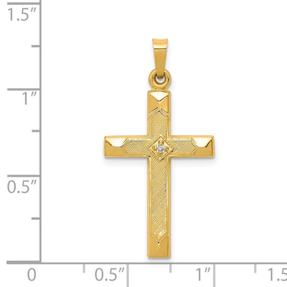 14k Yellow Gold Textured and Polished Diamond Cross Pendant for Women