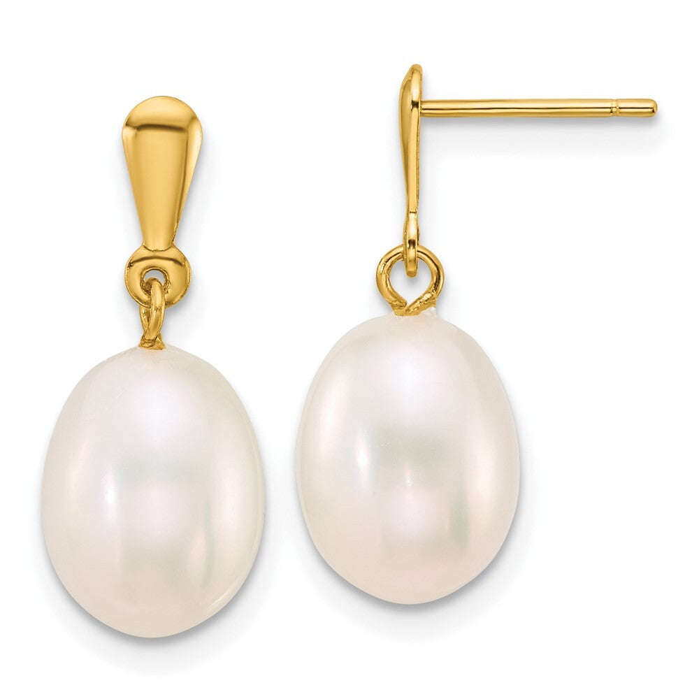 14k Yellow Gold Polished 8-9mm Rice Freshwater Cultured Pearl Dangle Earrings