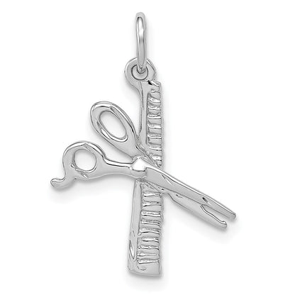 14k White Gold Satin Diamond-cut Comb and Scissors Charm Pendant for Women