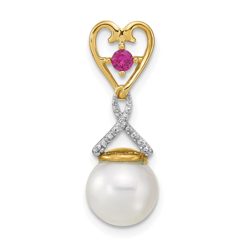 14k Yellow Gold Diamond 8-9mm Round FWC Pearl Lab Cr. Ruby Chain Slide Pendant