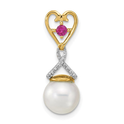 14k Yellow Gold Diamond 8-9mm Round FWC Pearl Lab Cr. Ruby Chain Slide Pendant
