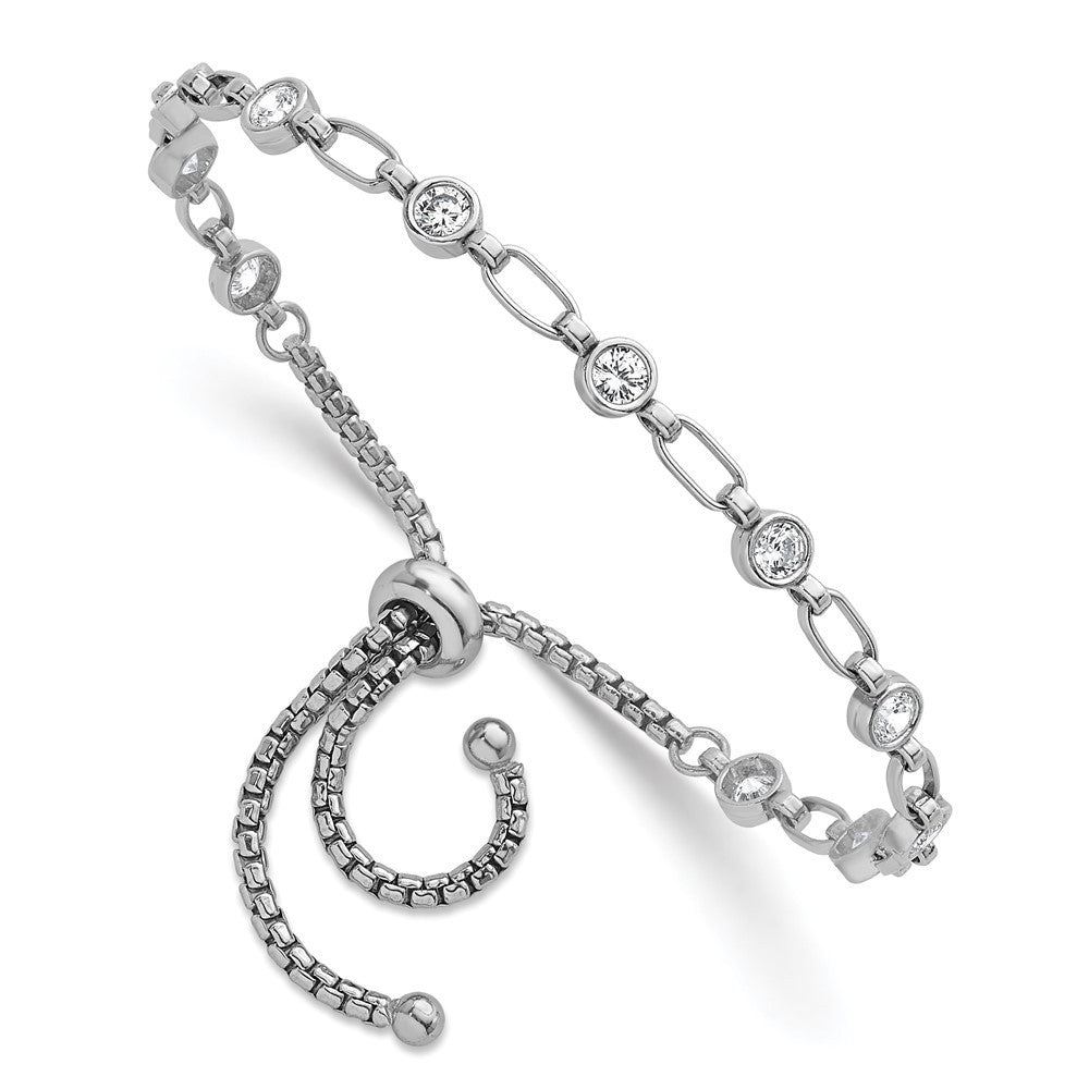 Sterling Silver Round CZ and Rectangle Link Adjustable Bolo Bracelet