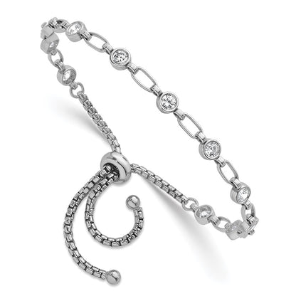 Sterling Silver Round CZ and Rectangle Link Adjustable Bolo Bracelet