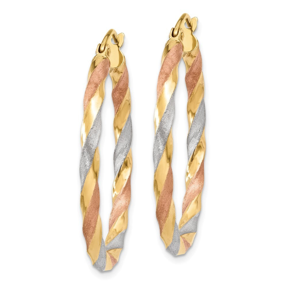 14k Yellow Gold White & Rose Rhodium Satin Twisted Hoop Earrings