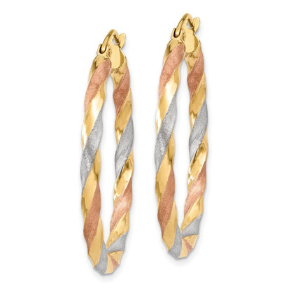 14k Yellow Gold White & Rose Rhodium Satin Twisted Hoop Earrings