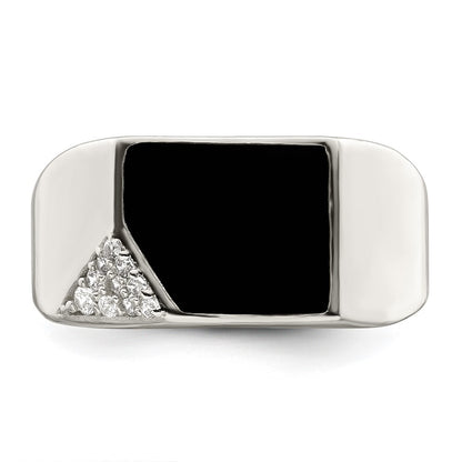 Sterling Silver Black Enameled and CZ Mens Ring Size 10