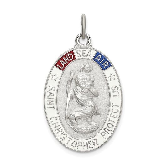 Sterling Silver Satin/Polished/Diamond-cut Enamel St Christopher Medal Pendant