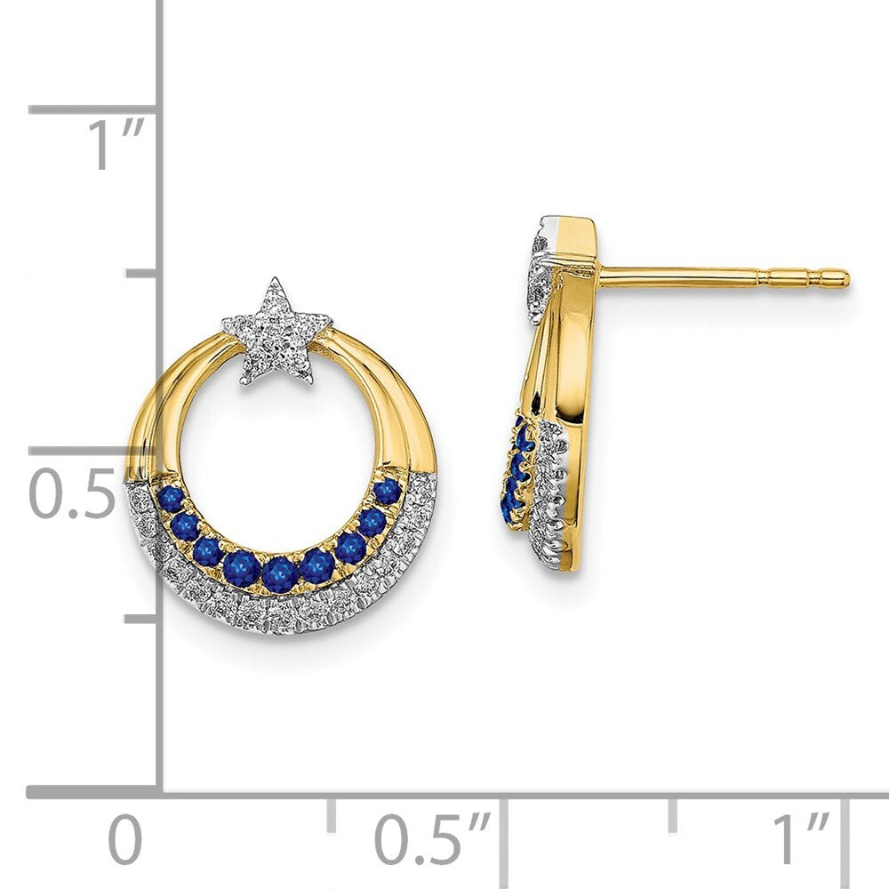 14k Yellow Gold Polished Sapphire and Diamond Star and Circle Stud Earrings