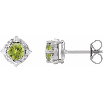 Sterling Silver Peridot and .08 CTW Diamond Halo-Style Stud Earrings