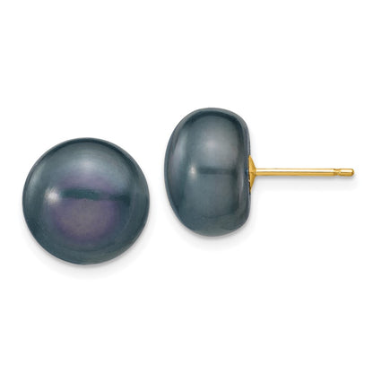 14k Yellow Gold 11-12mm Black Button Freshwater Cultured Pearl Stud Earrings