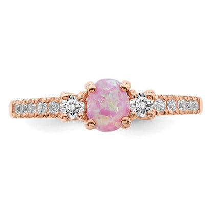 Sterling Silver Rose-tone Created Pink Opal and Cubic Zirconia Ring Size 7