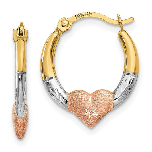 14k Yellow Gold & White and Rose Rhodium Heart Hoop Earrings Gift for Women