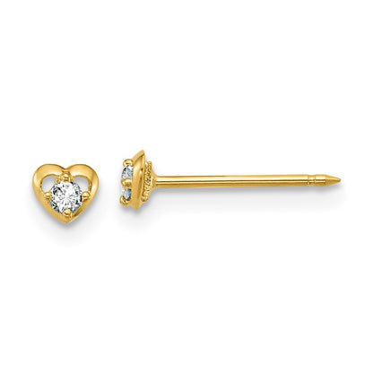 14k Yellow Gold Polished Heart With .03ct Diamond Stud Earrings Gift for Women
