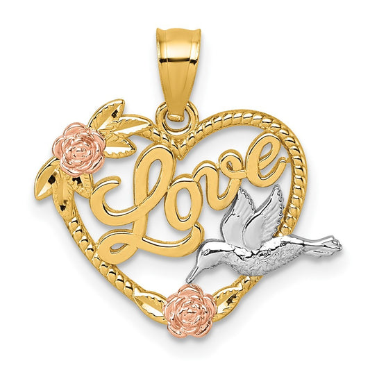 14k Two-tone Gold and White Rhodium Polished LOVE Floral And Bird Heart Pendant