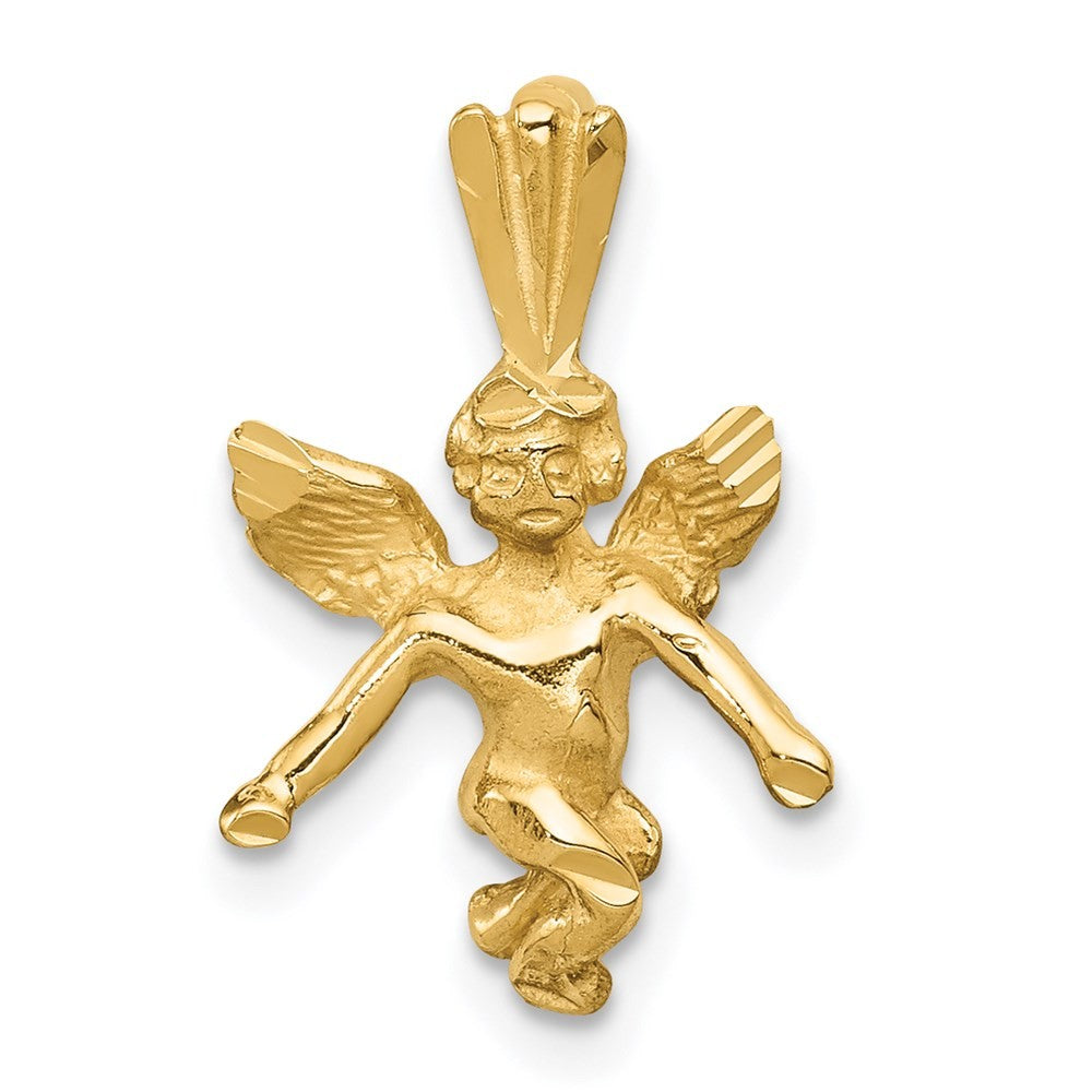 14k Yellow Gold 3D Satin and Diamond-Cut Angel Charm Pendant