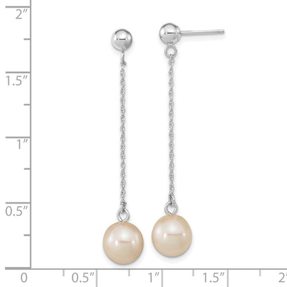 14k White Gold 7-8mm White Round Freshwater Cultured Pearl Post Dangle Earrings