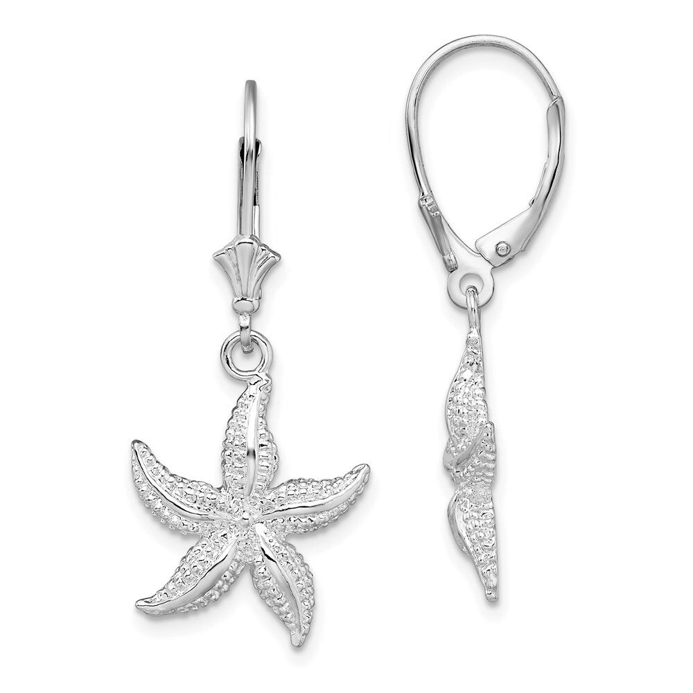 Sterling Silver Rhodium-Plated Polished Starfish Leverback Earrings