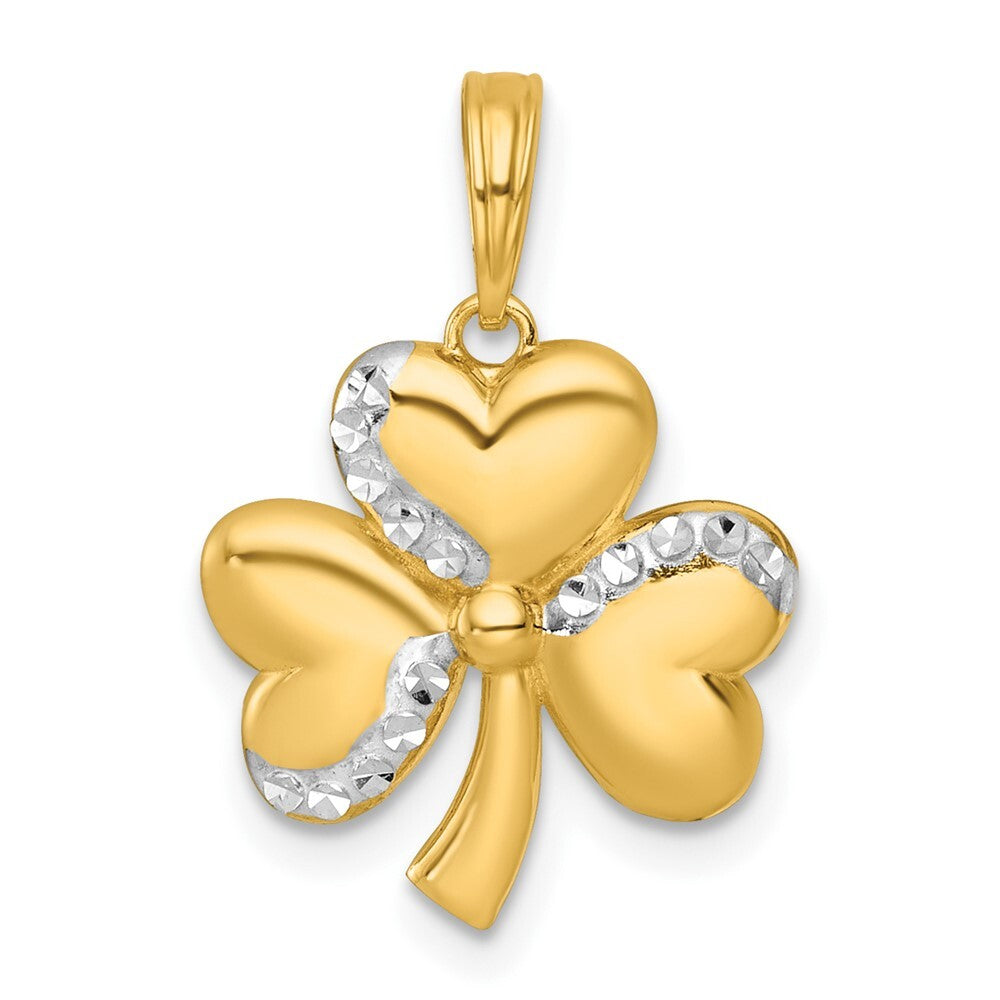 14k Yellow Gold with White Rhodium Polished 3 Leaf Clover Charm Pendant