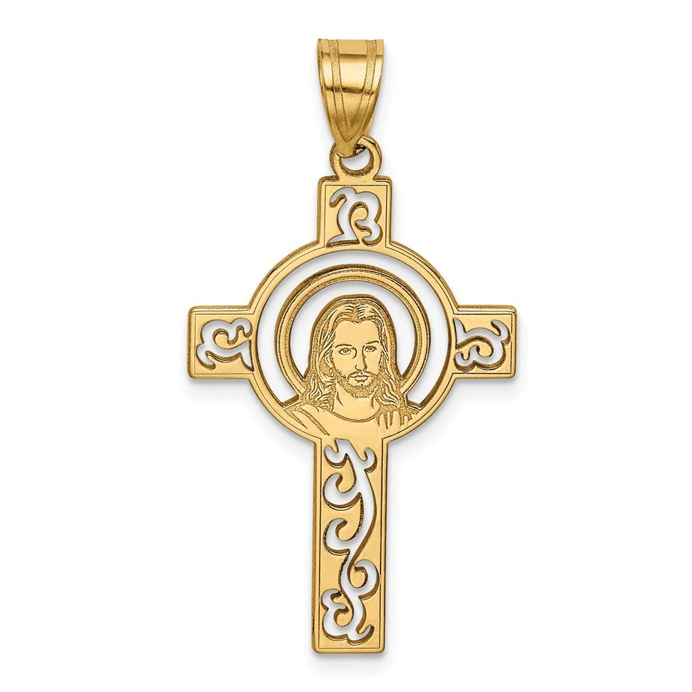 14k Yellow Gold Laser Cut Jesus Face Cross Charm Pendant