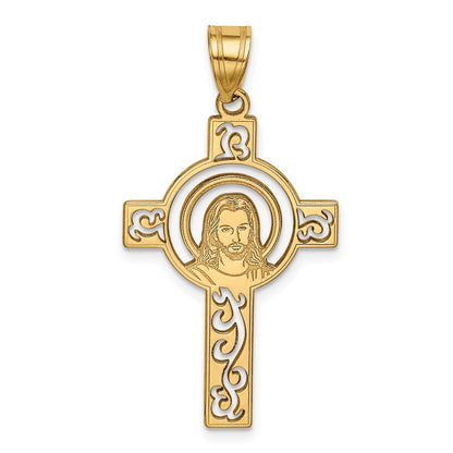 14k Yellow Gold Laser Cut Jesus Face Cross Charm Pendant