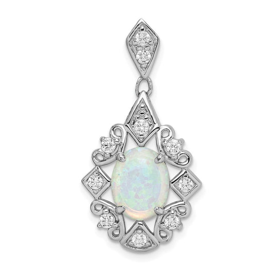 Sterling Silver Rhodium-plated Created Opal and Cubic Zirconia Pendant