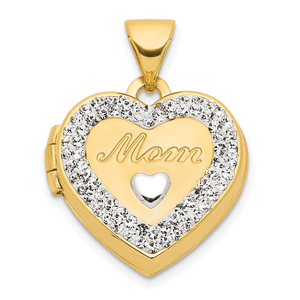 14k Yellow Gold  White Rhodium Crystal 16mm MOM Heart Locket Pendant for Women