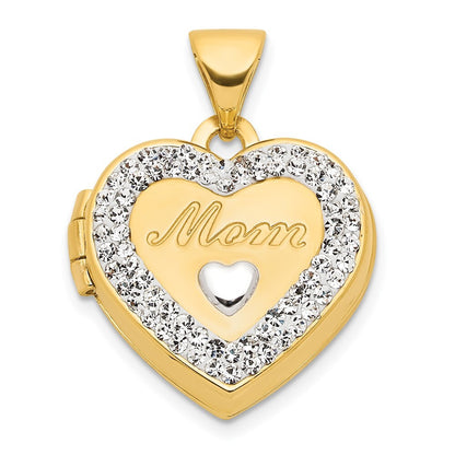 14k Yellow Gold  White Rhodium Crystal 16mm MOM Heart Locket Pendant for Women
