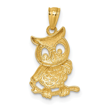 14k Yellow Gold & Rhodium Polished & Textured Owl Pendant for Women