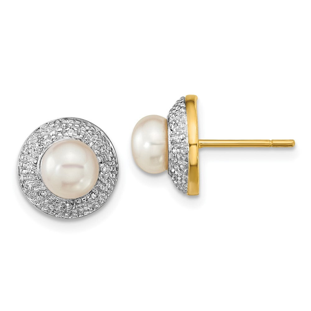 14k Yellow Gold and Rhodium 5-6mm Button FWC Pearl .05ct Diamond Stud Earrings
