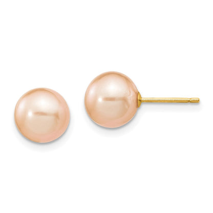 14k Yellow Gold 8-9mm Pink Round Freshwater Cultured Pearl Stud Earrings