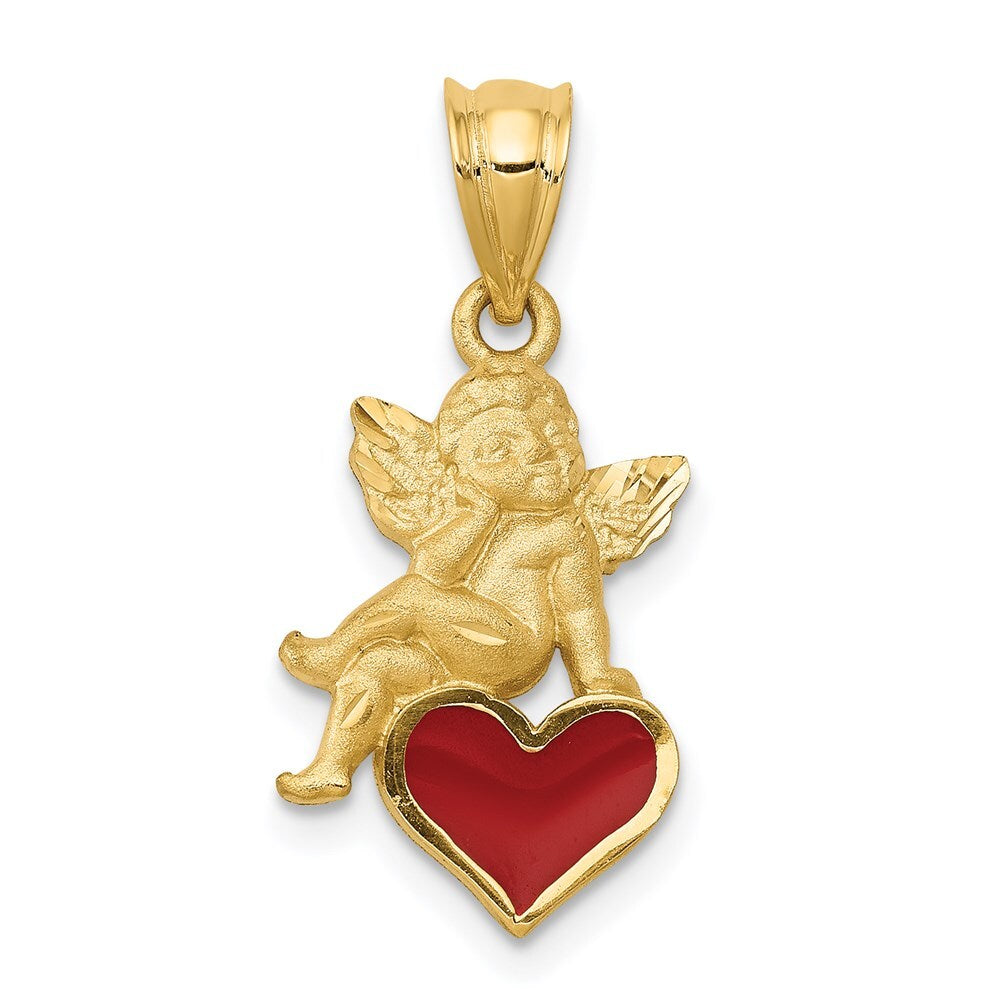 14k Yellow Gold Enameled Angel on Heart Pendant for Women