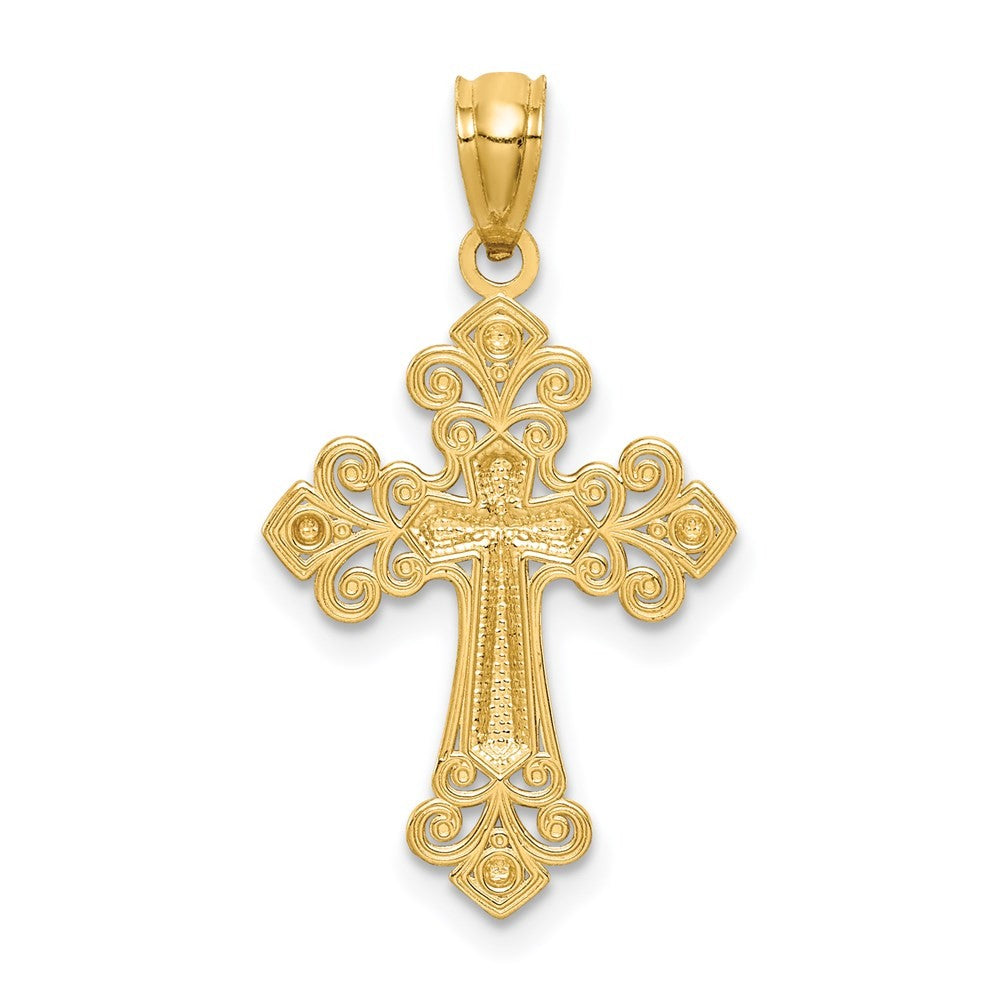 14k Yellow Gold White Rhodium Diamond-Cut Cross Pendant