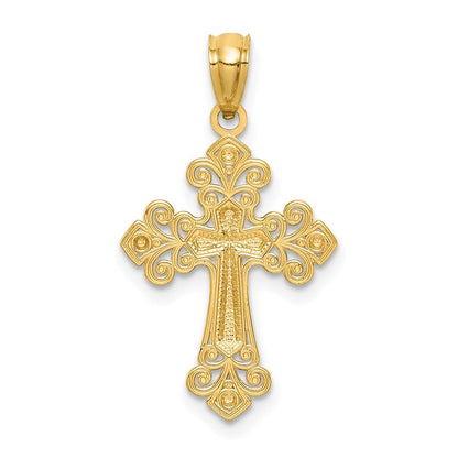 14k Yellow Gold White Rhodium Diamond-Cut Cross Pendant
