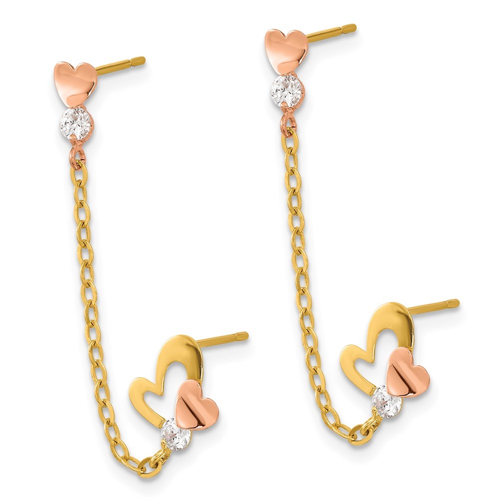 14k Two-tone Gold CZ Double w/Chain Heart Earring