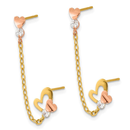 14k Two-tone Gold CZ Double w/Chain Heart Earring