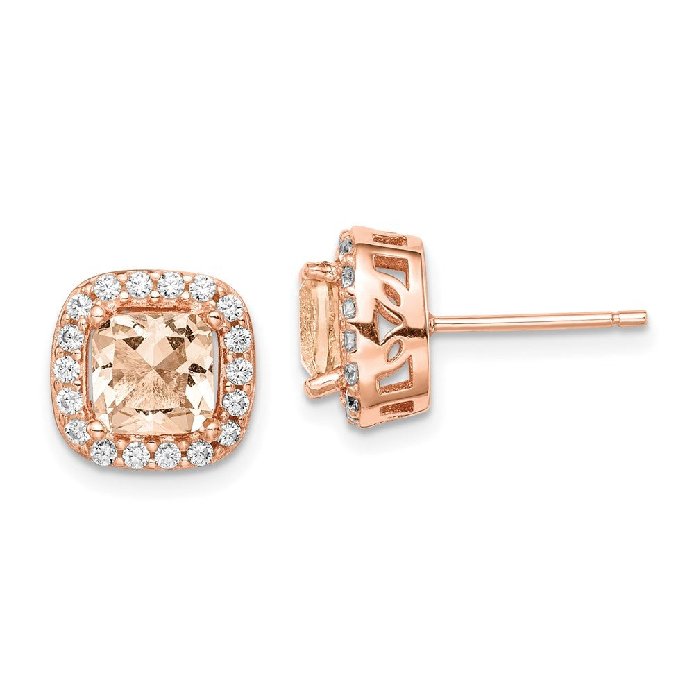 Sterling Silver Rose-tone Square Peach CZ Halo Earrings