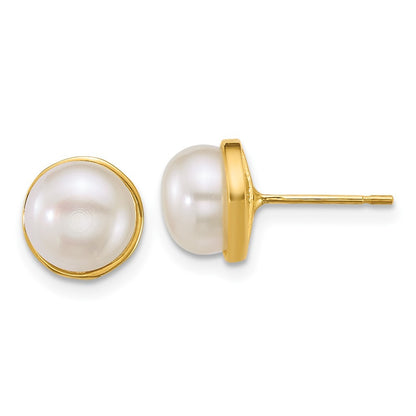 14k Yellow Gold Polished 8mm Button Freshwater Cultured Pearl Stud Earrings